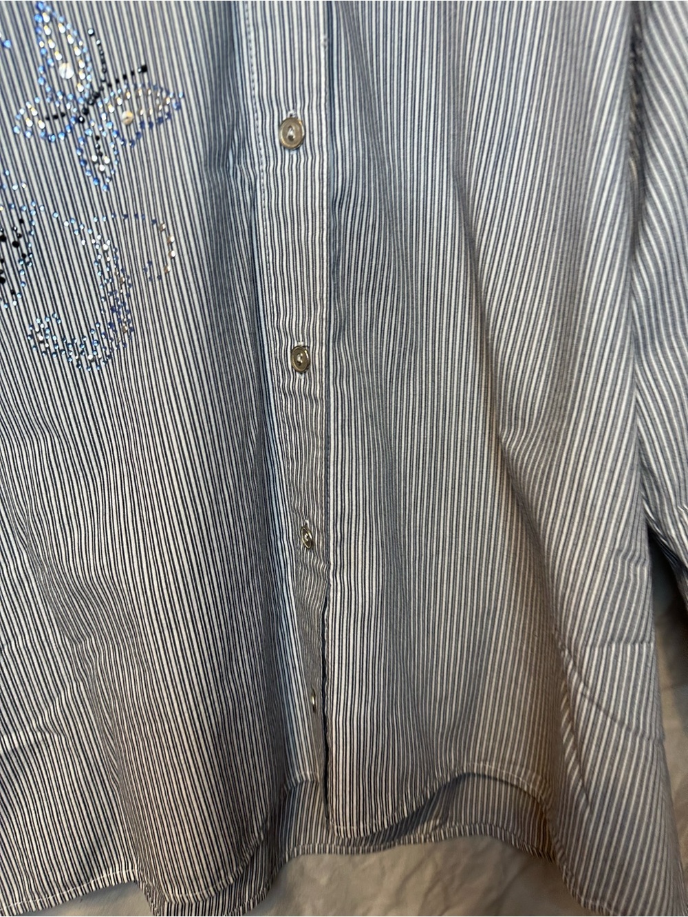 Alfred Dunner Navy & White Striped Embellished Button-Up Shirt - Picture 3 of 10